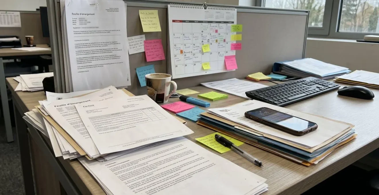 Détail d'un bureau avec piles de feuilles d'émargement et factures de formation, calendrier mural annoté de nombreuses échéances manuscrites et post-its colorés