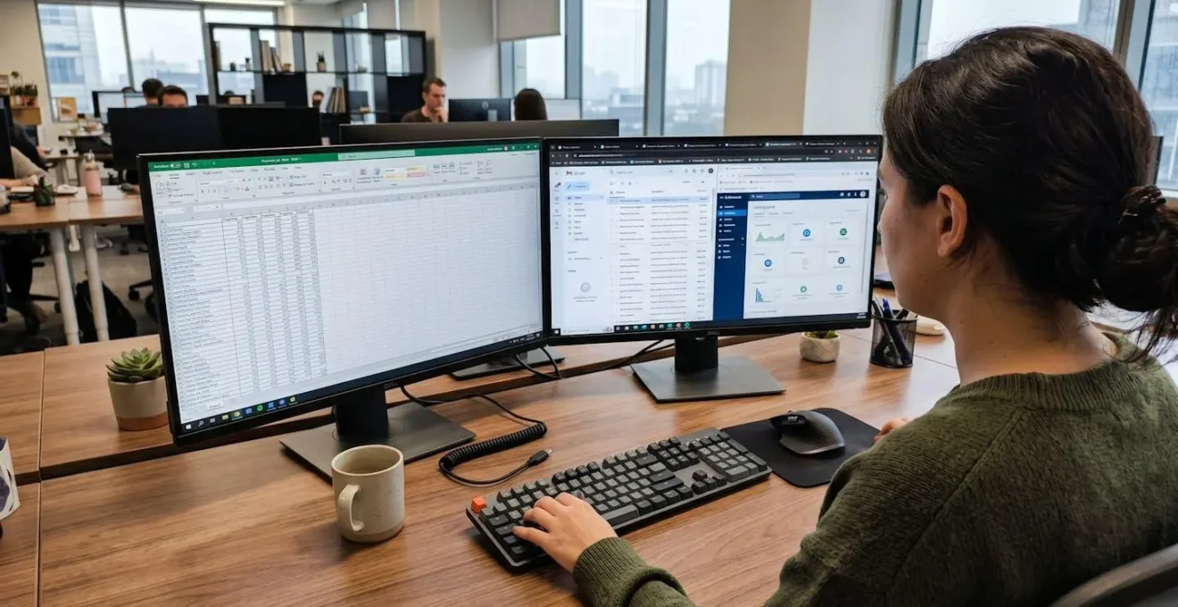 Vue par-dessus l'épaule d'un poste de travail avec deux écrans côte à côte affichant tableur Excel avec données de formation et navigateur web avec onglets multiples dont messagerie et portail formation