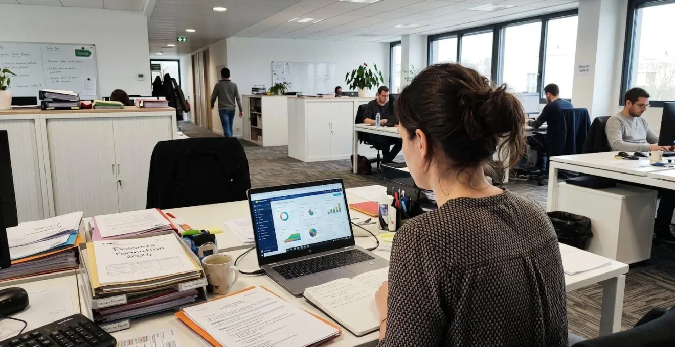 Une responsable formation vue de dos à son bureau jonché de documents papier et de tableurs Excel ouverts sur son ordinateur portable