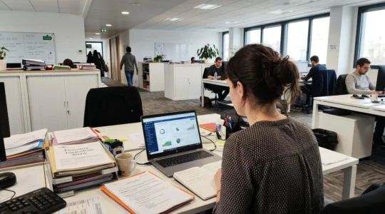 Une responsable formation vue de dos à son bureau jonché de documents papier et de tableurs Excel ouverts sur son ordinateur portable